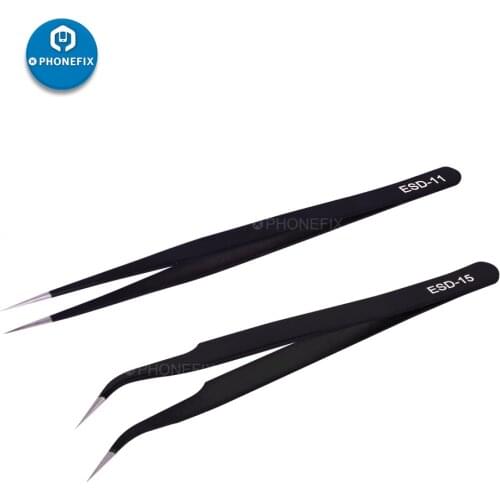 ESD Anti-static Tweezers Electronics Industrial Tweezers High Precision Curved Straight Tip Stainless Forceps Phone Repair Tools