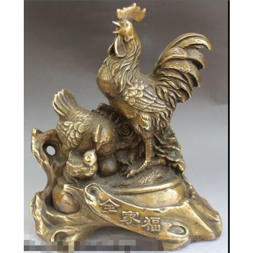 Free shipping Gang 13" Chinese Bronze Carving Flower Family Animal Chicken Chick chanticleer Statue (C0324)