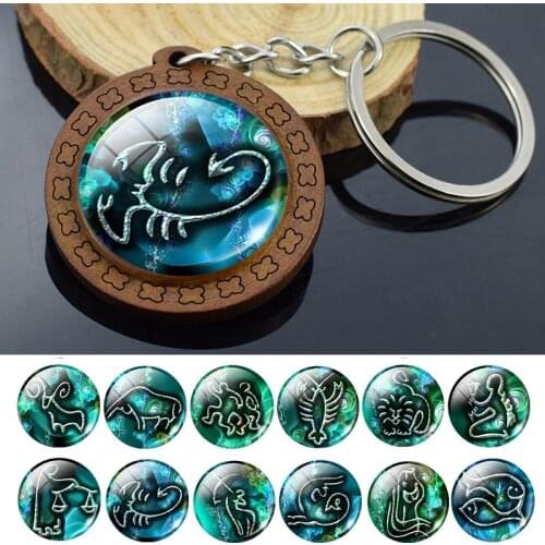 12 Constellation Wooden Keychain Pendant Zodiac Aquarius Pisces Aries Taurus Gemini Cancer Leo Keyring Key Charms Birthday Gift