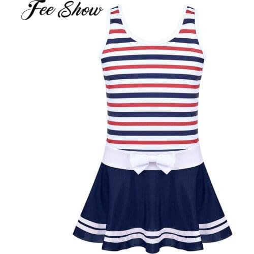 Teen Girls One-Piece Striped Bow Splice Swimming Costume Swim Dress