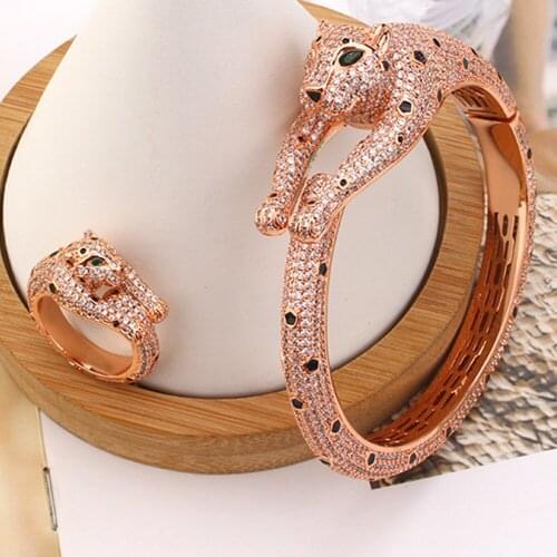 Black spots Leopard Head bangle with Ring AAA+ Cubic Zirconia Stone Panther bracelet for Women designer copper Party jewelry set