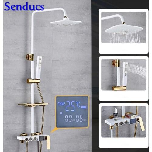 Senducs Digital Shower Set Luxury White Gold Temperature Display Shower System Brass Bathroom Shower Tap 8 Inch Top Shower Set