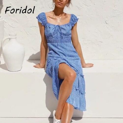Foridol Drop Shape Print Blue Summer Long Dress Women Causal Holiday Boho Maxi A-line Dress Australia Ruffle Sundress 2021