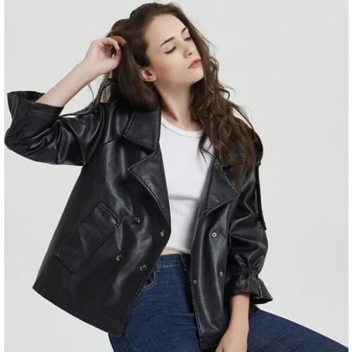 High Quality Faux PU Leather Jacket Women Motorcycle Biker Loose Casual Fashion Red Black Coat Lady Spring Autumn Outwear Tops