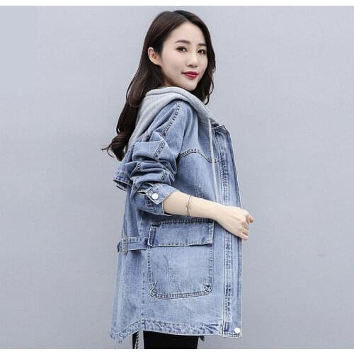 Vintage Jeans Jacket Women Clothes Denim Coat Loose Hooded BF Denim Jacket Female Oversized Long Sleeve Jeans Women Jacket Q2528