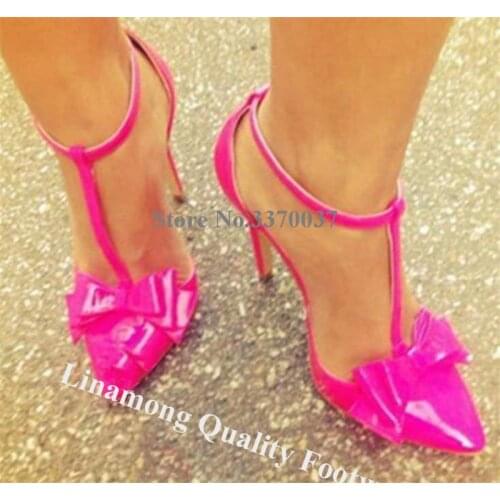 Linamong Beautiful Pointed Toe Patent Leather Bowtie Stiletto Heel Pumps Rose Red Yellow T-strap High Heels Formal Dress Shoes
