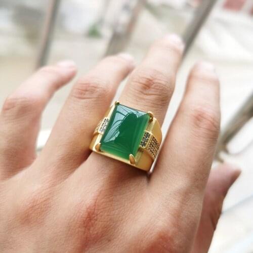 1pc Vintage Gold Color 925 Sterling Silver Open Rings Men Natural Green Jade Emerald Gemstone Wedding Man Ring Fine Jewelry Gift