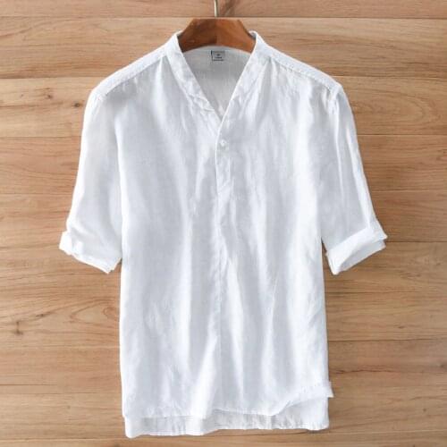 2019 Summer Men Linen Cotton Shirt Half Sleeve Thin white Shirts Asian Size Male Casual Vintage Shirts
