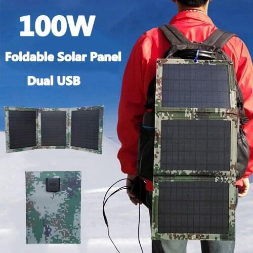 100W Foldable Solar Panel Dual USB Outdoor Folding Waterproof Solar Panel Charger Mobile Power Battery Charger with 3 in 1 Cable