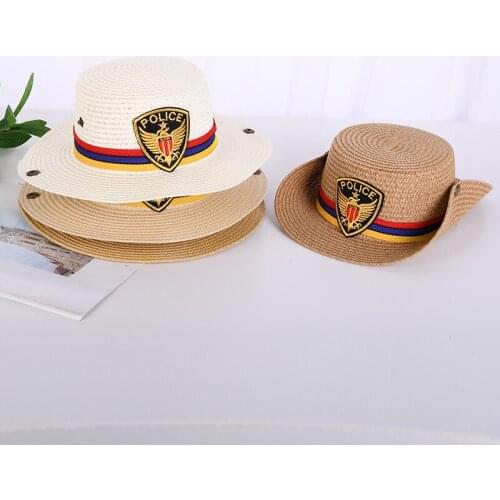 Western Cowboy Childrens Straw Cap Beach Sunscreen Police Officer Straw Visor Hat Boys and Girls Performance Flat Top Jazz Hat