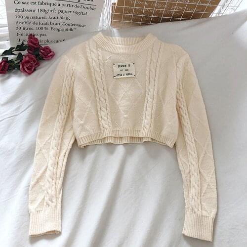 Korean Short Long Sleeved Knitted Sweater Cute Pullover Twist Sweaters Women Fashion Multi Color Sweater Black Crop Top