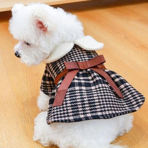 Warm Cat Clothes Dog Coat Winter Plaid Woolen Bowknot Coat Princess Dress Jacket For Small Dogs Bichon Pet Clothing Dog Outfit L