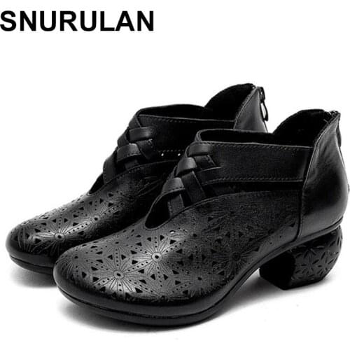 SNURULAN Manual Genuine Leather Pump Sandals Womens shoes Leisure style Black White cutout upper All-match Shoes with Heels