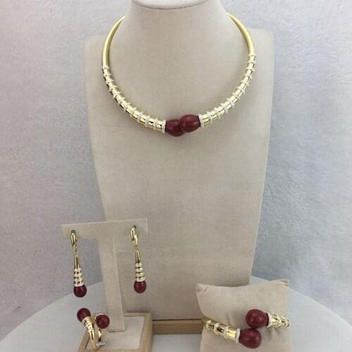 YUMINGLAI Simple Design Dubai Gold Red Two Tones African Fashion Ladiess Jewelry Set FHK11602