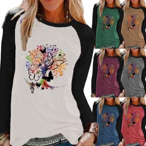 Ladies Autumn Fashion Casual Long-sleeved Shirt Clothing Round Neck Loose Butterfly Printing Hit Color Plus Size XS-5XL T-Shirt