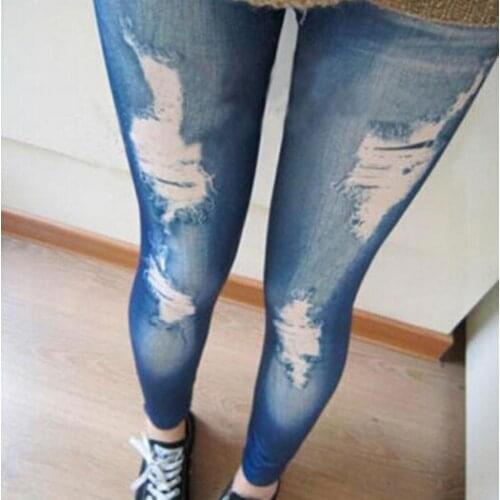 Women Leggings Blue Black Korean Slim False Hole Imitation Jeans Fitness Leggins
