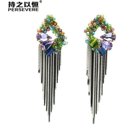 Handmade Crystal Beaded Statement Earrings Chain Dangle Long Tassel Earrings For Women Fashion wedding beautiful Jewelry