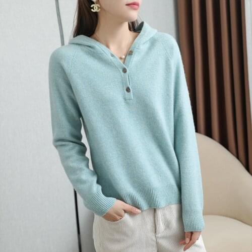 2021 New Fashion Autumn Winter Women Hoodie Sweaters 100% Wool Knitted Jumpers Cashmere Pullovers Tops With Button Decoration