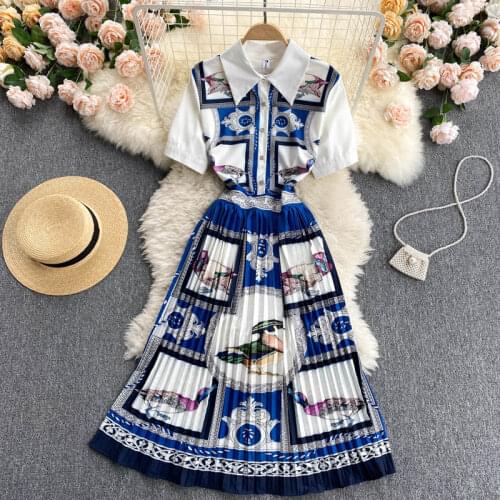 High Quality Italy Brand Designer Print Runway Dress 2021 New Summer Turn-down Collar Shirt Pleated Party Dresses