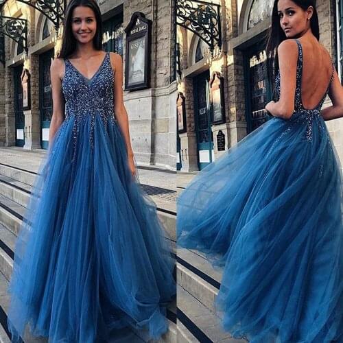 Beading Evening Dress 2020 V-Neck Pink High Split Tulle Sweep Train Sleeveless Prom Gown A-line Backless Vestido De Prom Dress