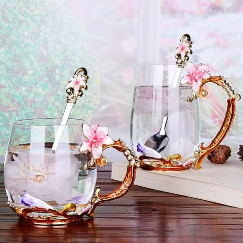 1PC Novelty Enamel Coffee Cup Mug Flower Tea Cups for Hot and Cold Drinks Glass Tea Cup Scented Tea Drinking Bottle Glass Gifts