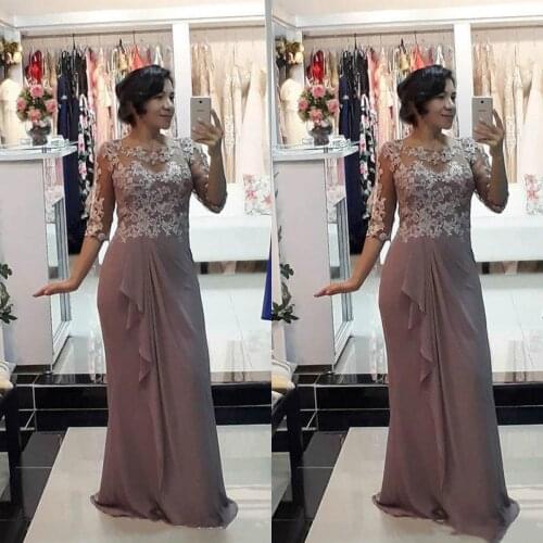 2020 Grey Mother Off Bride Dresses Jewel Half Sleeve Chiffon Lace Appliques Ruffles Floor Length Prom Mother Wedding Guest Gown