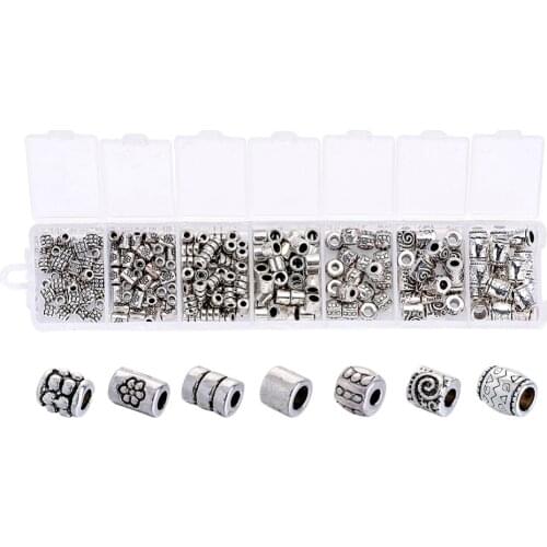 Pandahall 260pcs/box Tibetan Style Alloy Column Bead Spacers 7 Styles Large Hole Spacer Beads for Making Bracelets Necklaces