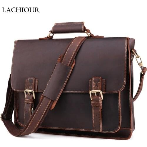 Men Business Handbag Crazy Horse Genuine Leather Laptop Shoulder Bag Fashion Document Bag Cow Leather Office Briefcase Portfolio