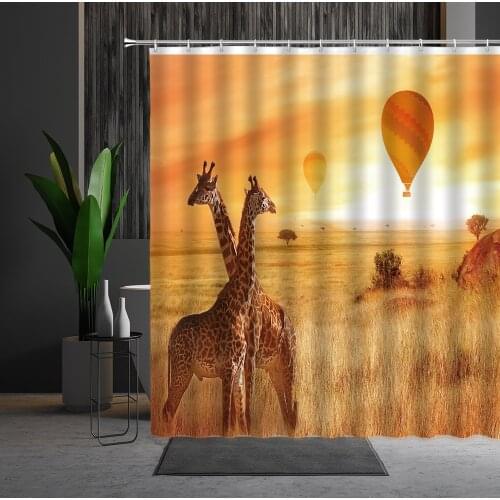Wild Animal Shower Curtains Giraffe Animals Natural Landscape Bathroom Decor Wall Decor Cloth Curtain Set Bath Accessories Cheap