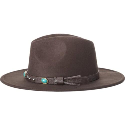 European American Wool Fedoras Hat Women Men Imitation Turquoise Decoration Jazz Fedora Cap Lady Party Church Elegant Hats H7214