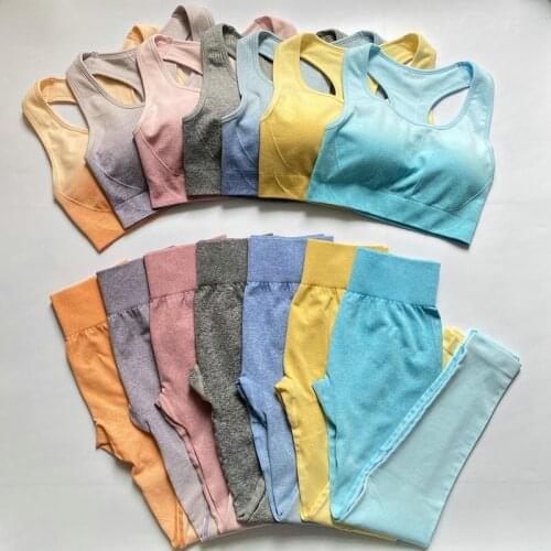 2PCS Ombre Yoga Set Seamless Leggings+Sports Bra Crop Top Women Running Gym Clothing High Waist Fitness Sport Suit Sportswear