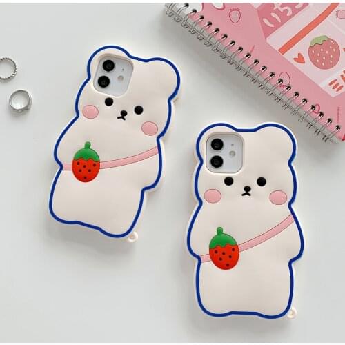 Cute Cartoon Strawberry Bear Case for iPhone 12 11 Pro X XR XS Max 6 6s 7 8 Plus SE 2020 mini Soft Silicone Cover