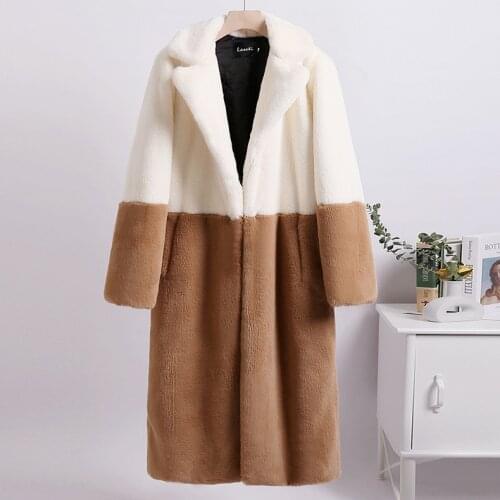 Women Long Coat Turn Down Collar Women Warm Fur Coat Casaco Feminino New Women Winter Warm Faux Fur Coat Color Patch Thick