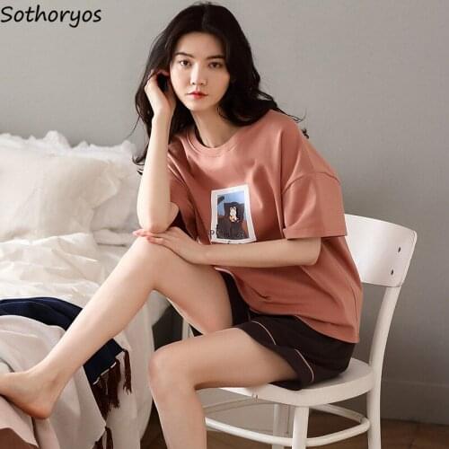 Pajama Sets Women Patchwork Cartoon Print Short Sleeve O-neck Cotton Cozy Loose Casual Trendy Ulzzang Elastic Waist Loungewear