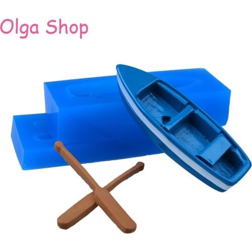 PYL208 3D Rowboat with Oars Mold 3D Wooden Boat Shelf With Oars Moulds 3D Boat Mould Flexible Push Silicone Molds Food Safe