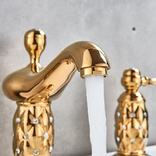Vidric Luxury Golden Diamond Basin Faucet Widespread Bathroom Mixer Dual Hanles Mixer Tap Hot Cold Water Mixer Vanity Water Tap