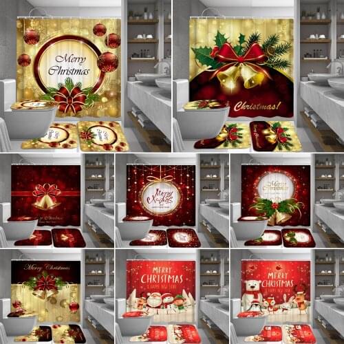 Merry Christmas Bathroom Set Snowman Penguin Fox Rabbit Bell Elk Pattern Waterproof Shower Curtain Toilet Cover Mat Non Slip Rug