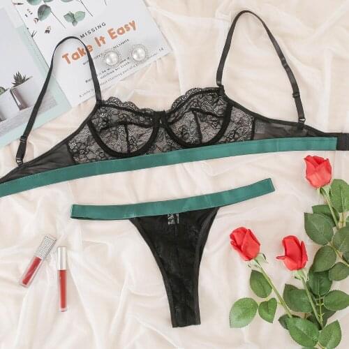 Sexy Lace Bra and Brief Set Transparent Black Panty Sets G String Underwire Push Up Women Bras See Through Lingerie Underwear