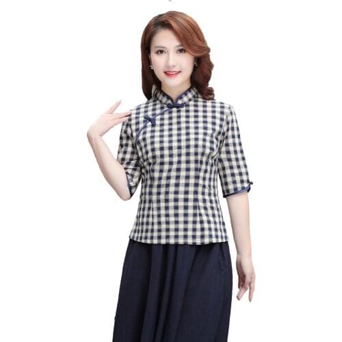 Shanghai Story Half Sleeve chinese Traditional Top Womens Blend Linen Lattice Blouse Chinese Cheongsam Top Plaid Qipao Shirt