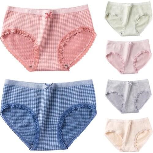 Sexy Panties Women Plaid Pattern Lace Hem Stretchy Cotton Seamless Briefs Panties Sexy Underwear Women ropa interior femenina