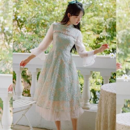 Vintage Cheongsam Net Yarn Dresses Women 2021 Summer New Modern Chic Girl Net Yarn Embroidery Fairy Dress Vestido de mujer