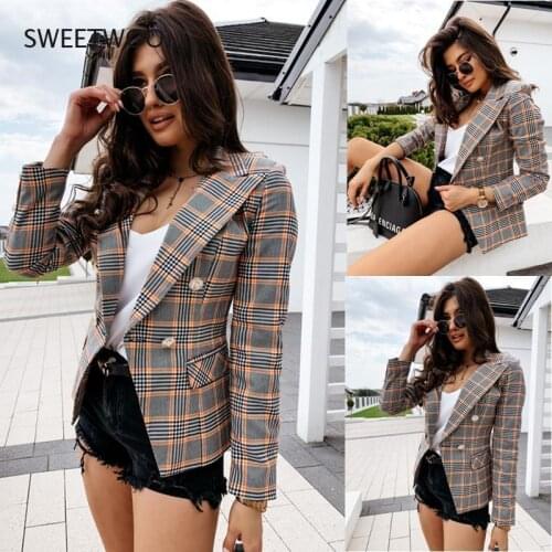 Autumn and Winter New Style European and American Solid Color Womens Lapel Diagonal Zipper Short Plaid Ladies Jacket