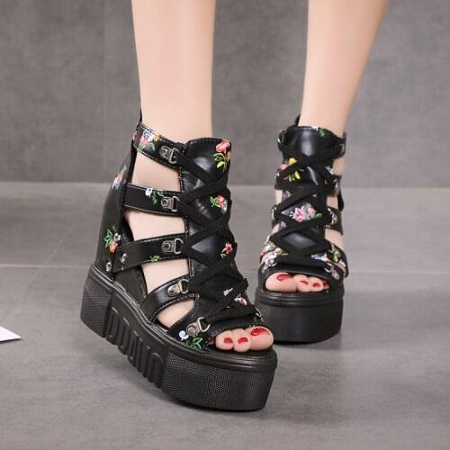 Hot Print Leisure Wedges Womens Shoes 2021 Summer Cross Strap Women Sandals Platform Shoelaces 12cm Super High Heel Roman Shoes