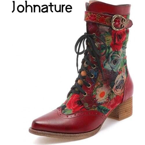 Johnature Women Boots Short Plush 2020 New Women Shoes Zip Pointed Toe Patchwork Embroidery Cloth Cross-tied Platform Boots