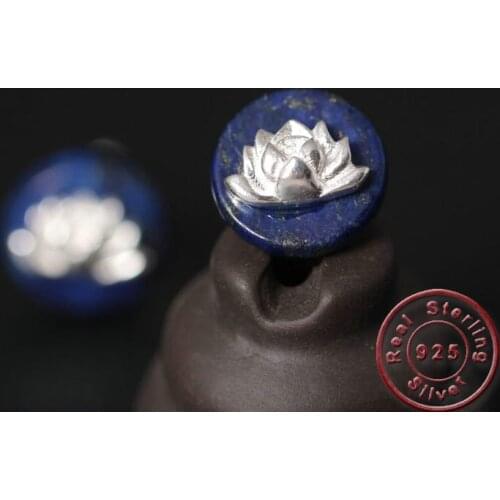 Amxiu Handmade Lapis Lazuli Lotus Flower Earrings 925 Sterling Silver Blue Stud Earrings For Women Girls Ear Jewelry Accessories