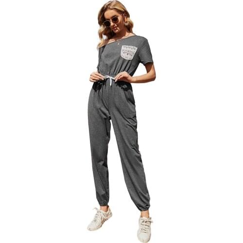 Womens Summer Short Sleeve Tank Top Elastic Waist Drawstring Casual Jumpsuit with Pockets