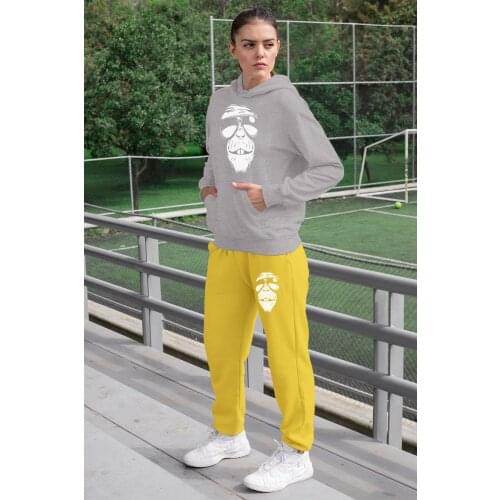 Angemiel Wear Glasses Vicinity Monkey Women 'S Tracksuit Set Gray Hooded Sweatshirt Yellow Sweatpants
