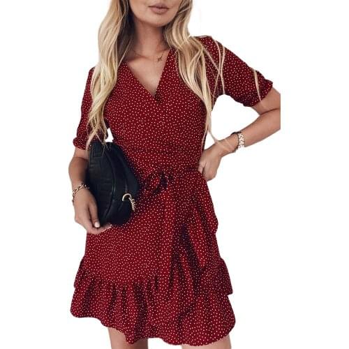 Pink/Red/Apricot Bohemian Dotted Print Wrap V Neck Ruffled Mini Dress Outfits Women Summer Short Sleeve Bottom Finished Dresses
