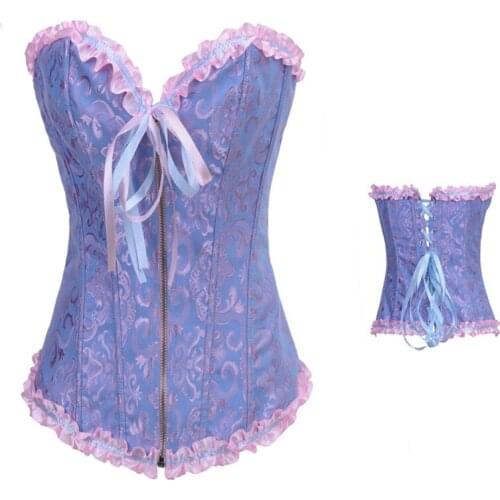 Ladies Sexy Lingerie Steel Bustiers Black Satin Embroidered Corset Overbust Corsets with zipper front