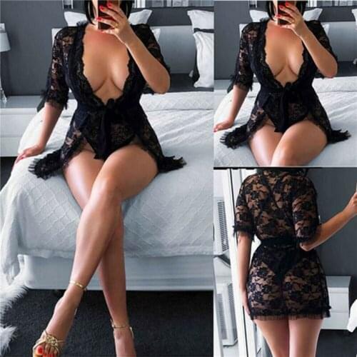Ladies Sexy Lingerie Transparent Lace Deep V Neck Patchwork Ladies Black Sexy Nightgown Underwear Plus Size